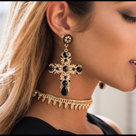 Boho Crystal Cross Drop Statement Earrings - Picture 1 of 5